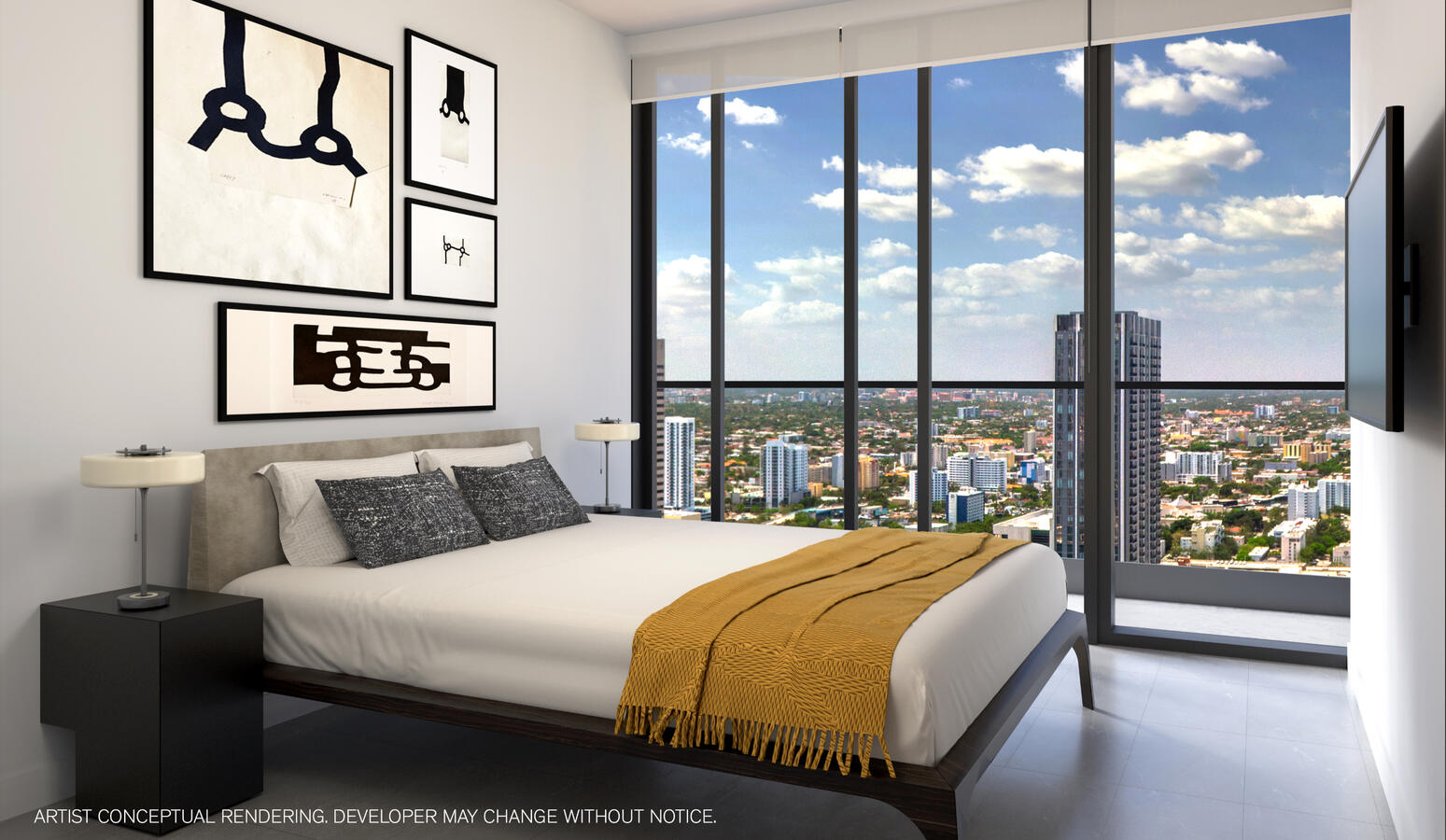 Floor to ceiling glass windows with custom window treatment